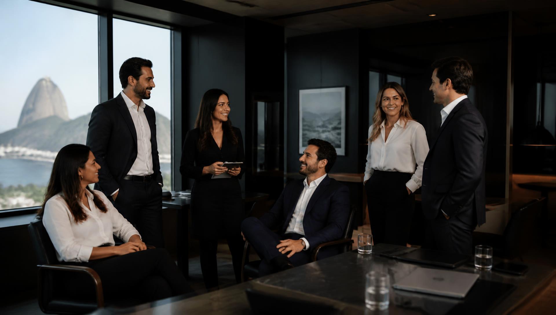 Empresários reunidos em um ambiente corporativo elegante